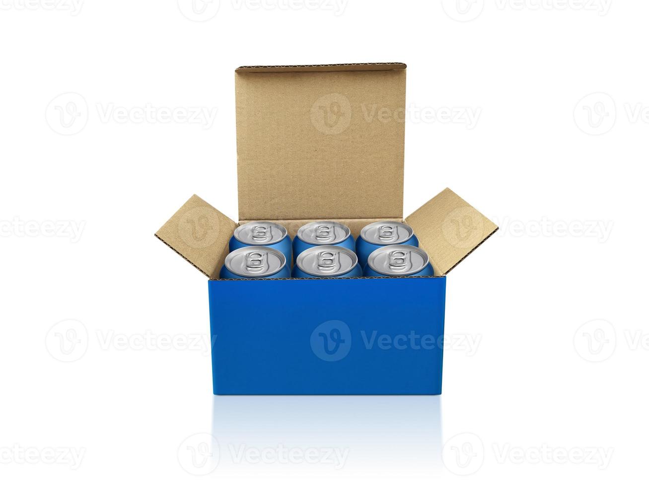 Box with cans isolated on white background photo