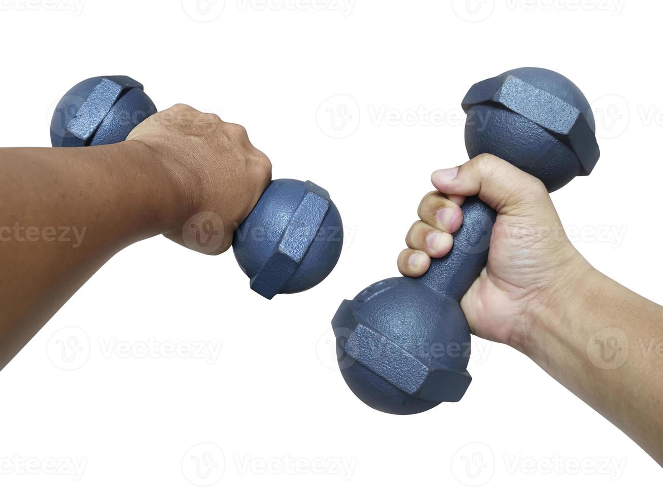 Hand holding dumbbell isolated on white photo