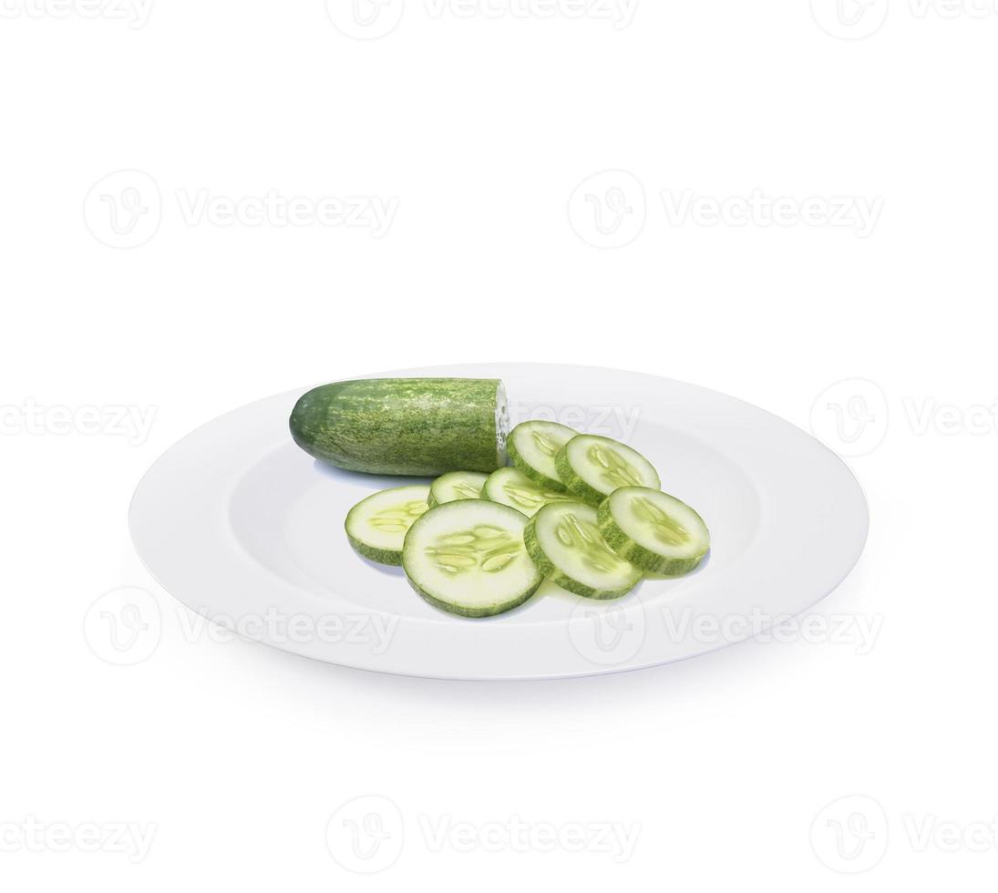 cucumber slice on plate isolated on white background photo