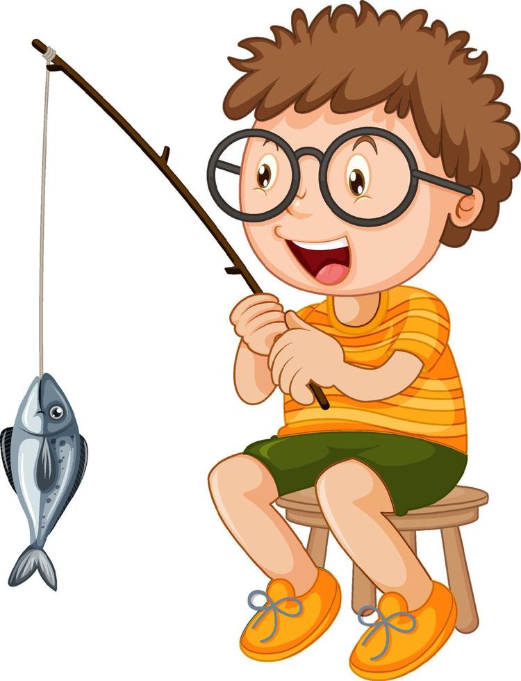 niño sentado en una silla personaje de dibujos animados de pesca vector