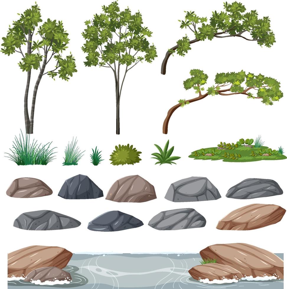 conjunto de árboles aislados y objetos de la naturaleza vector