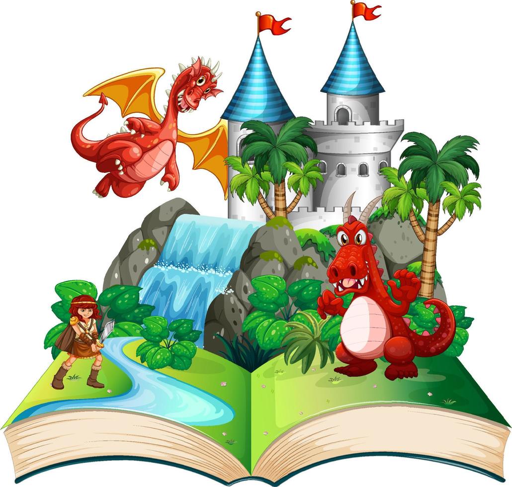 Book with scene of dragon and knight vector
