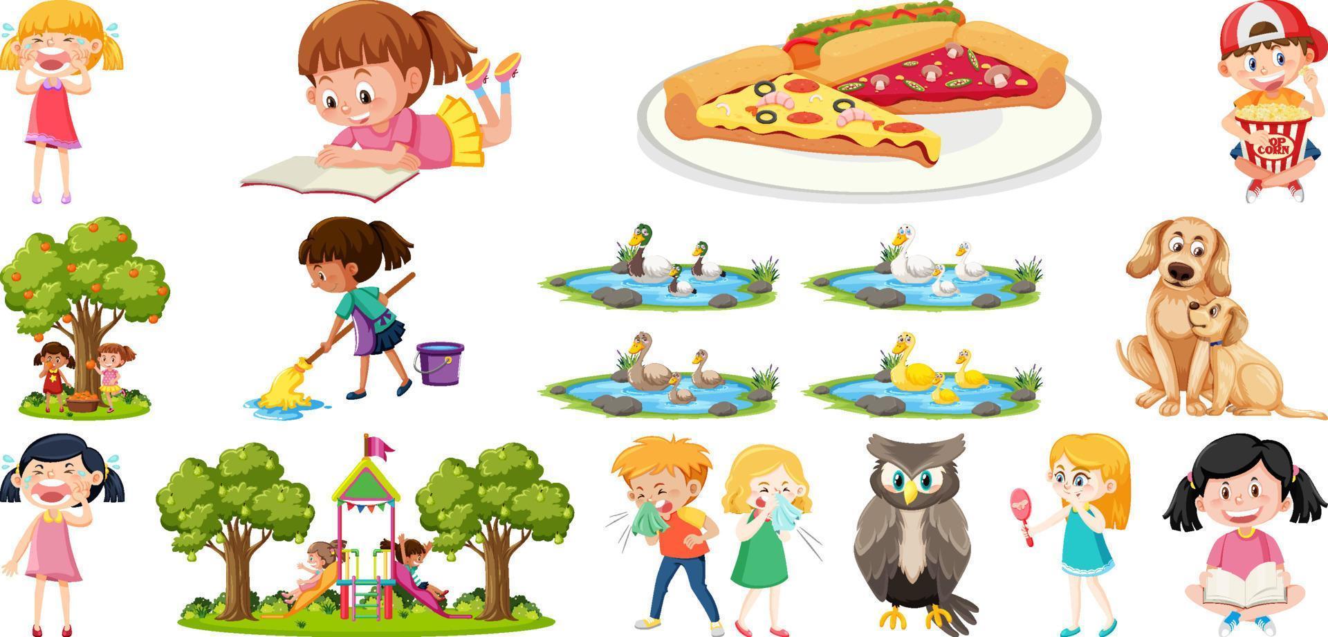 Set of different cute kids and objects vector