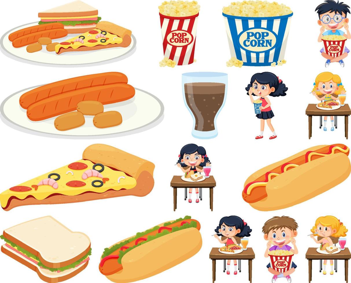 conjunto de diferentes comidas chatarra y niños vector