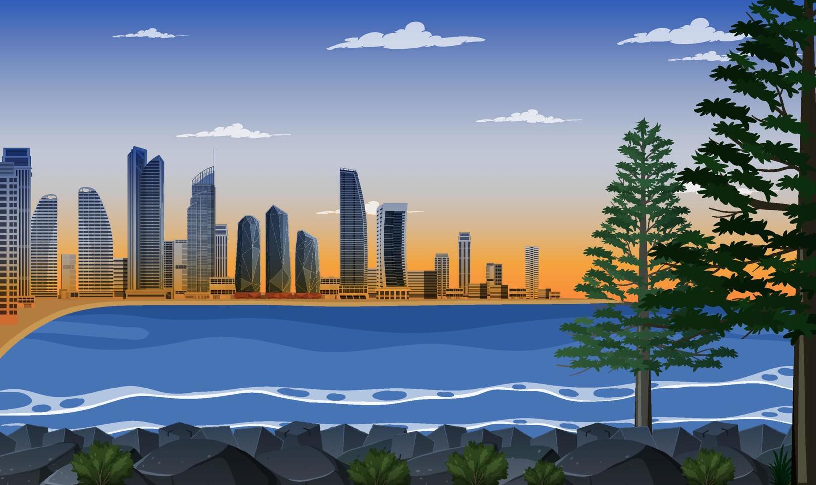 Beach city at dawn background vector