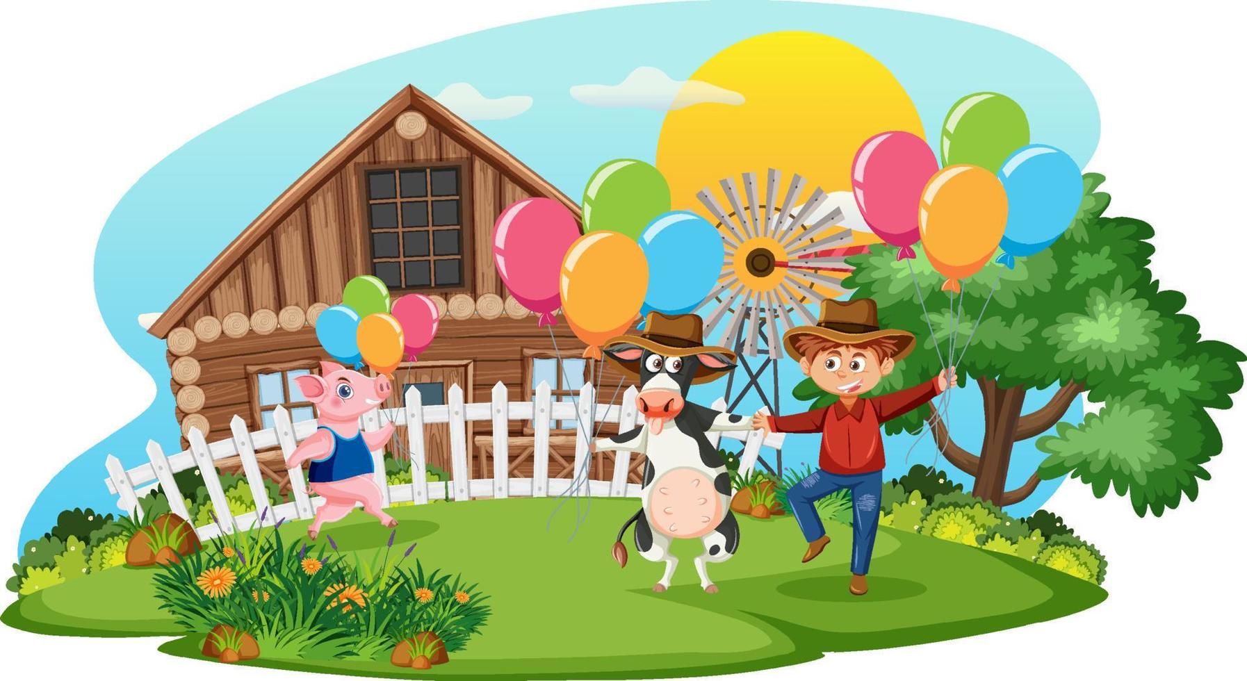Farm scene with farmer dancing with animals vector