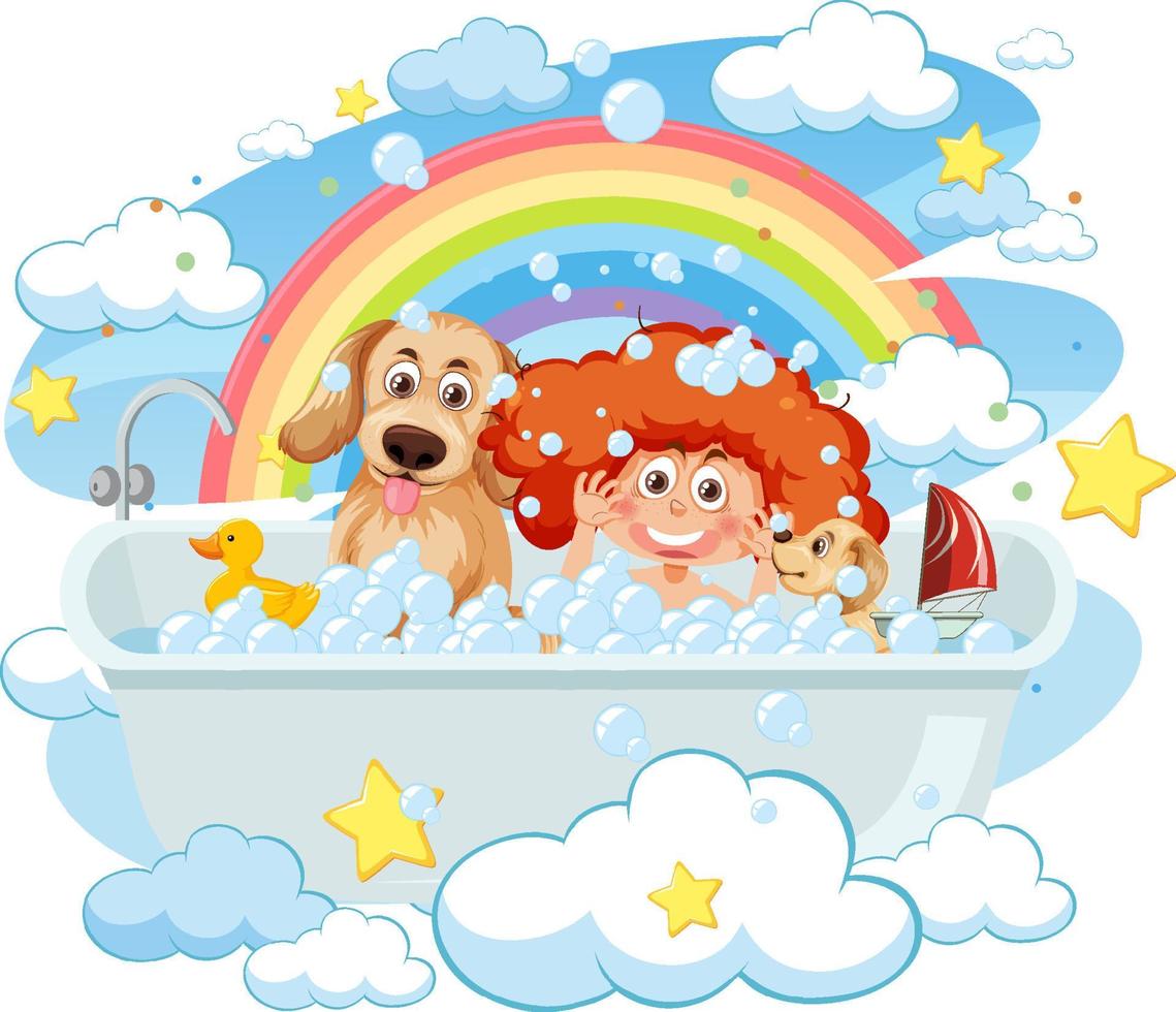 Kids playing bubbles in bathtub vector