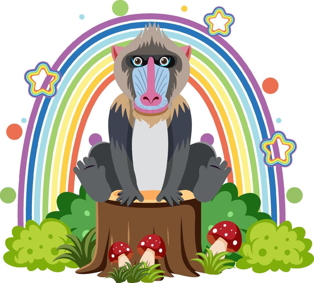 Cute mandrill on stump in flat cartoon style vector