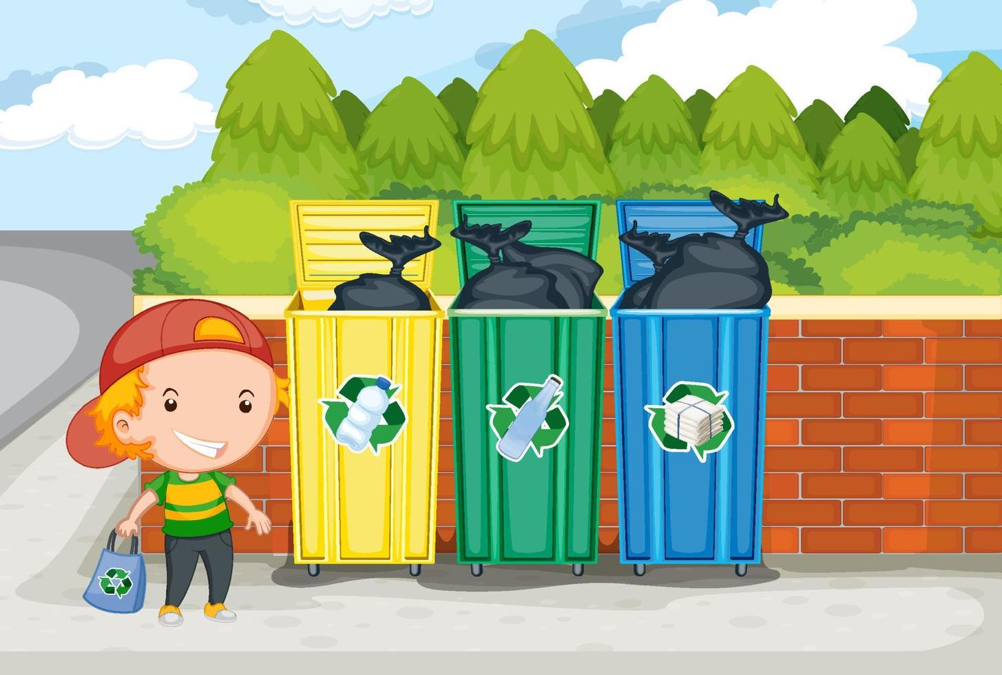 Little boy standing beside recycling bins vector