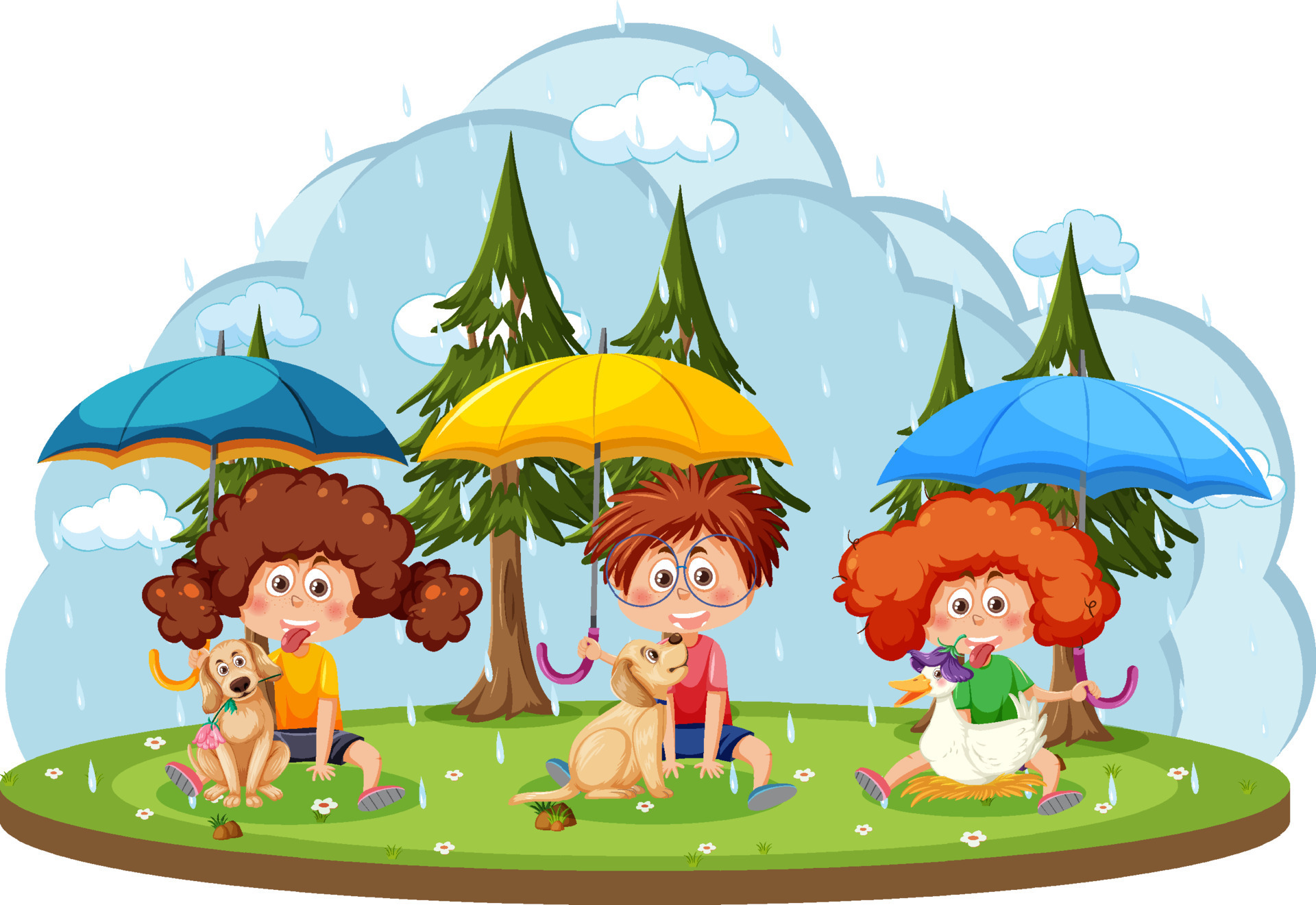 Rainy day with children holding umbrella 8615844 Vector Art at Vecteezy