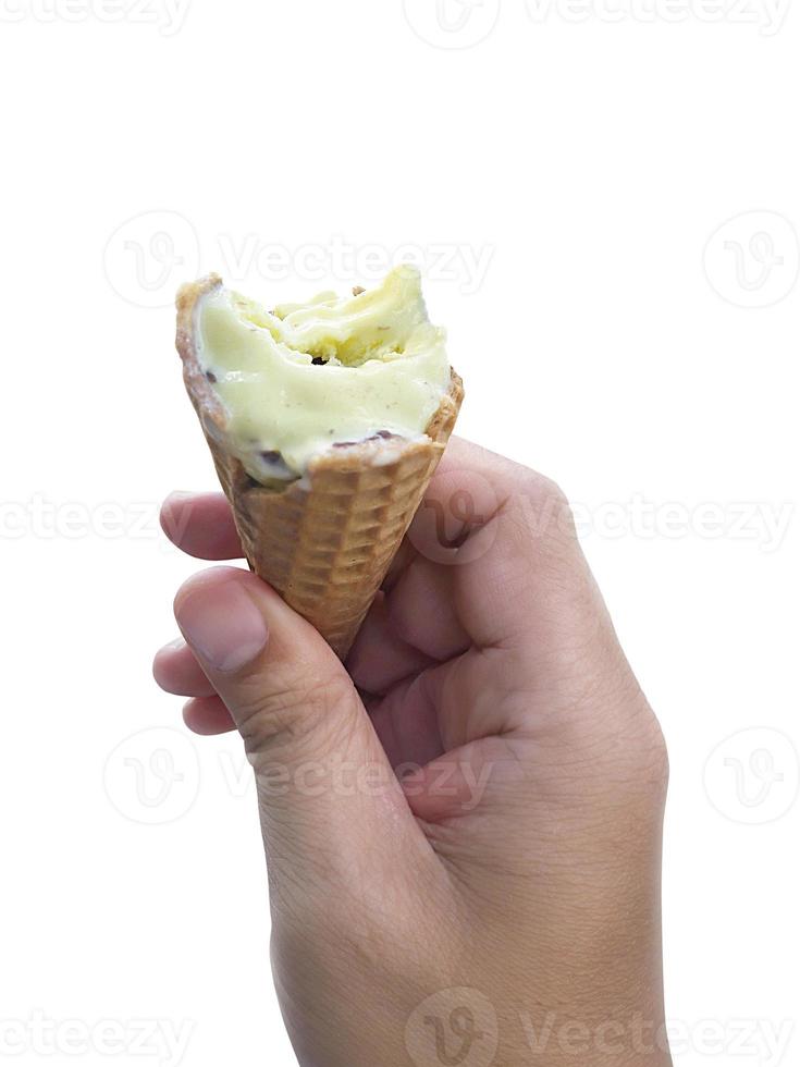 A man hand holding an ice cream cone on a white background photo