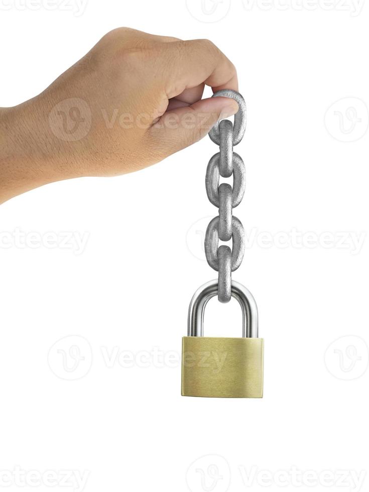 Hand holding The metal chain and metal padlock on white background photo