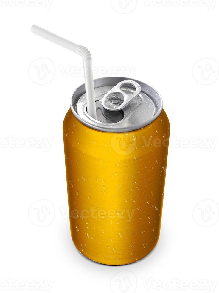 Aluminum can with the ring pull and straw. Isolated on a white photo