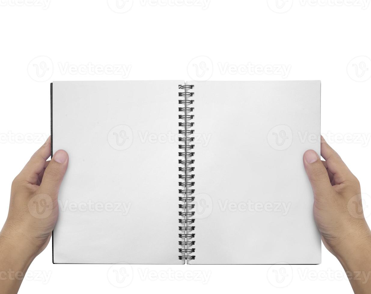 hands with old note or empty book isolated white photo