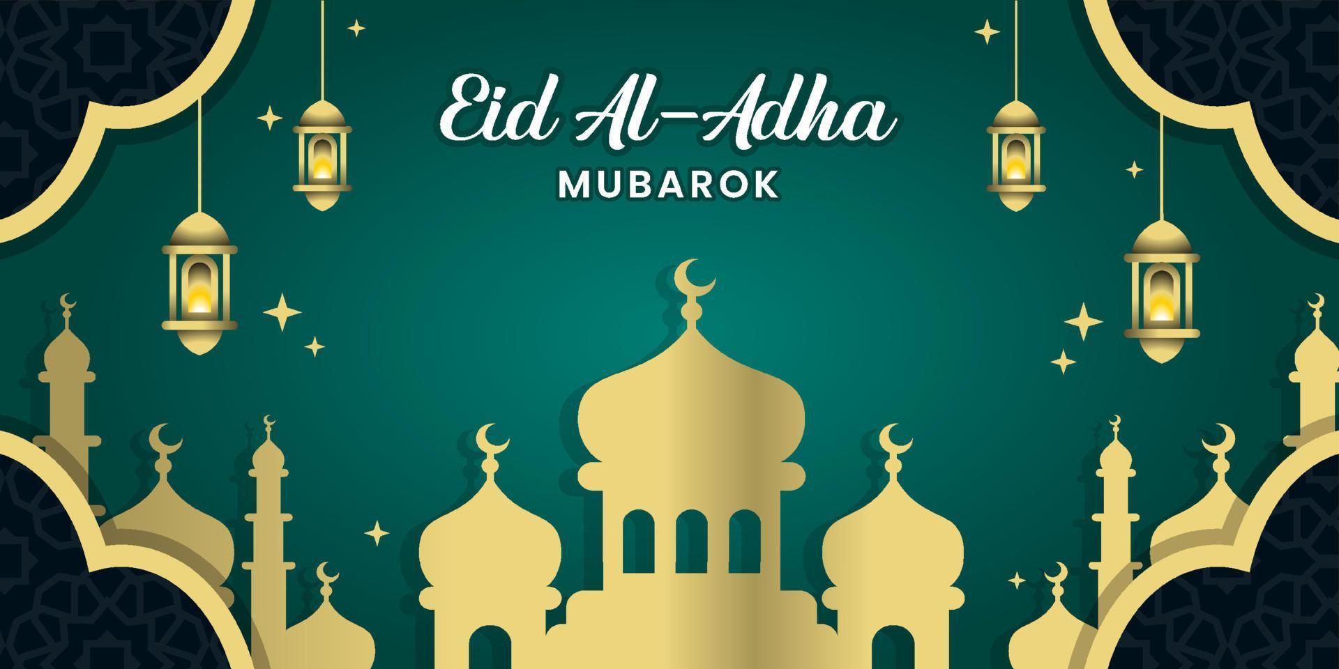 Eid al-Adha banner vector design with Islamic blue background and creative and modern mosque and lantern motif