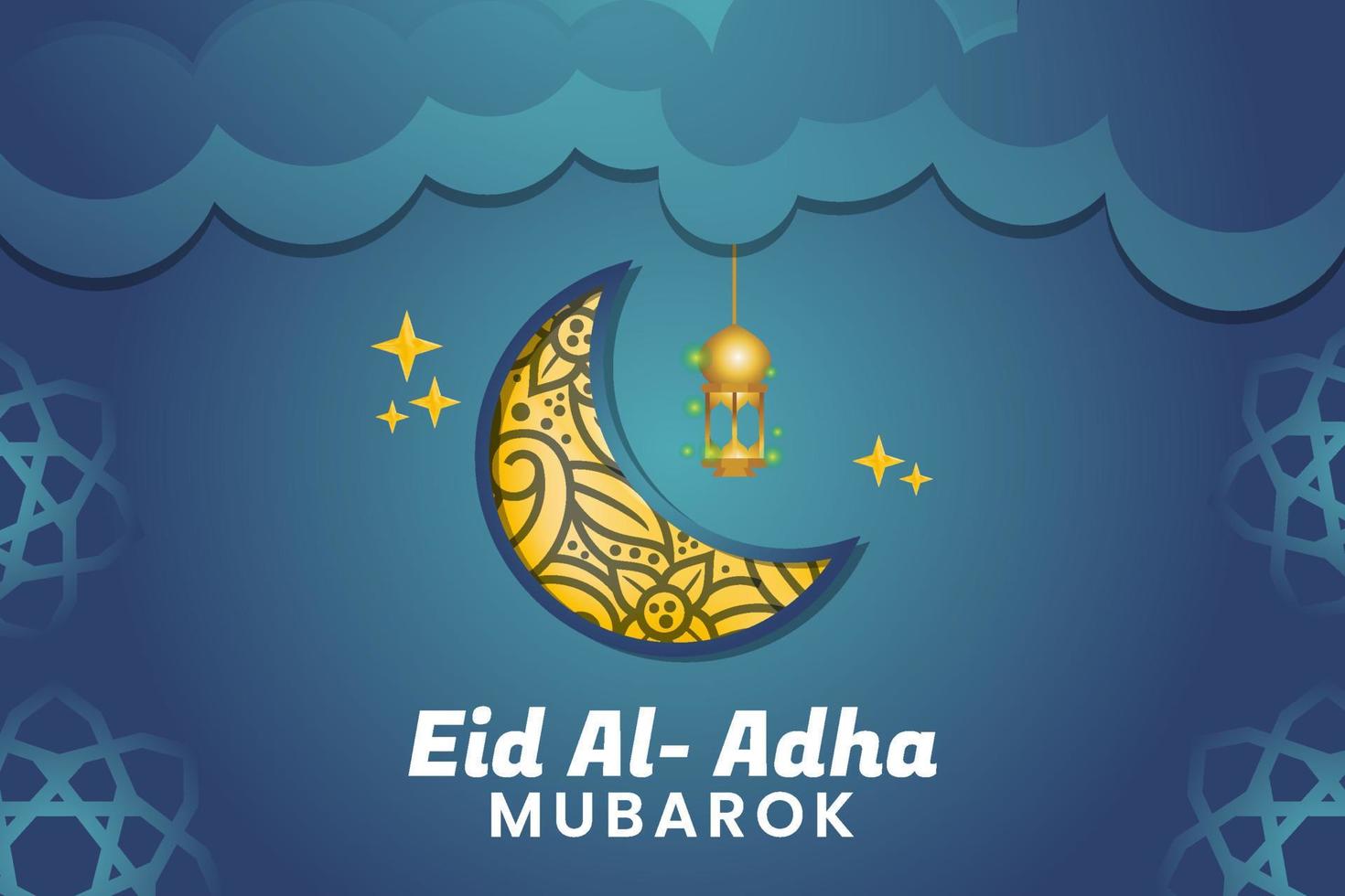Eid al-Adha banner vector design with Islamic blue background and creative floral moon