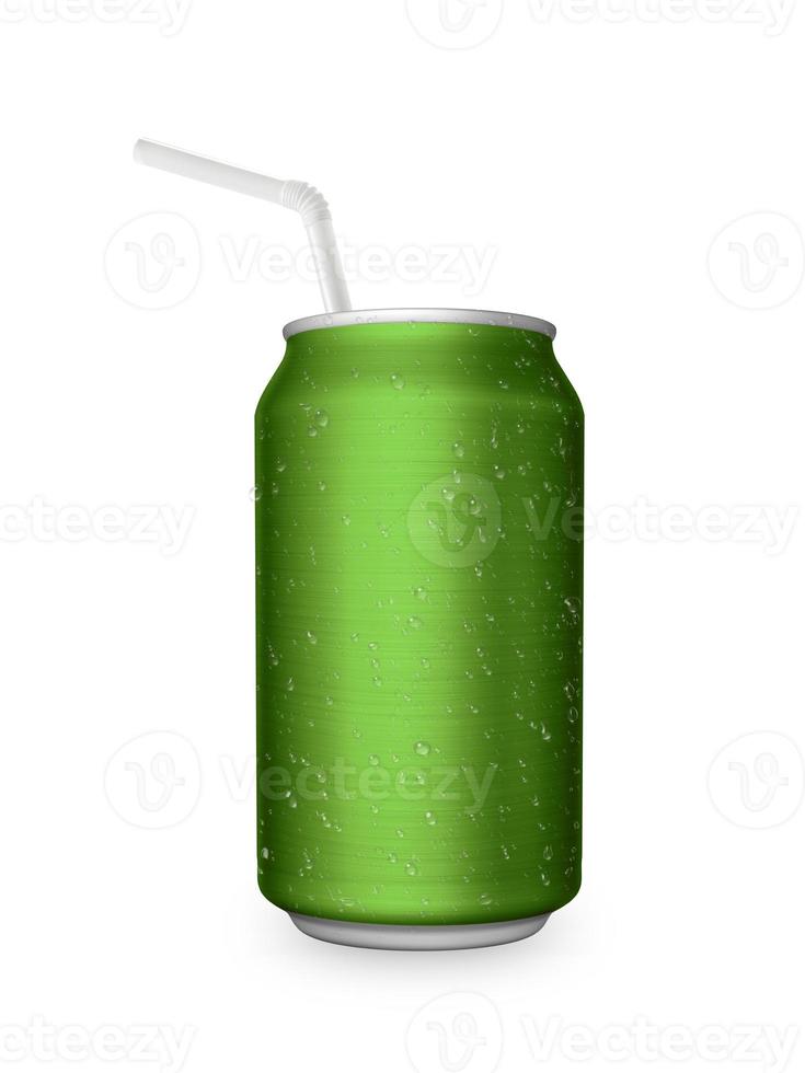 Aluminum can with the ring pull and straw. Isolated on a white photo
