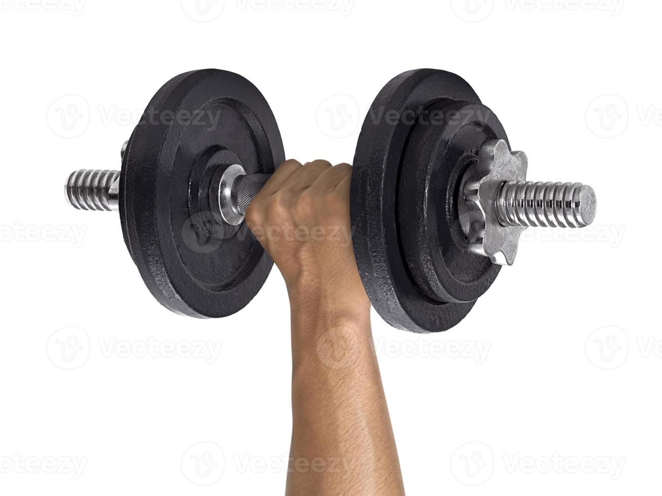 Hand holding dumbell on isolated white background photo