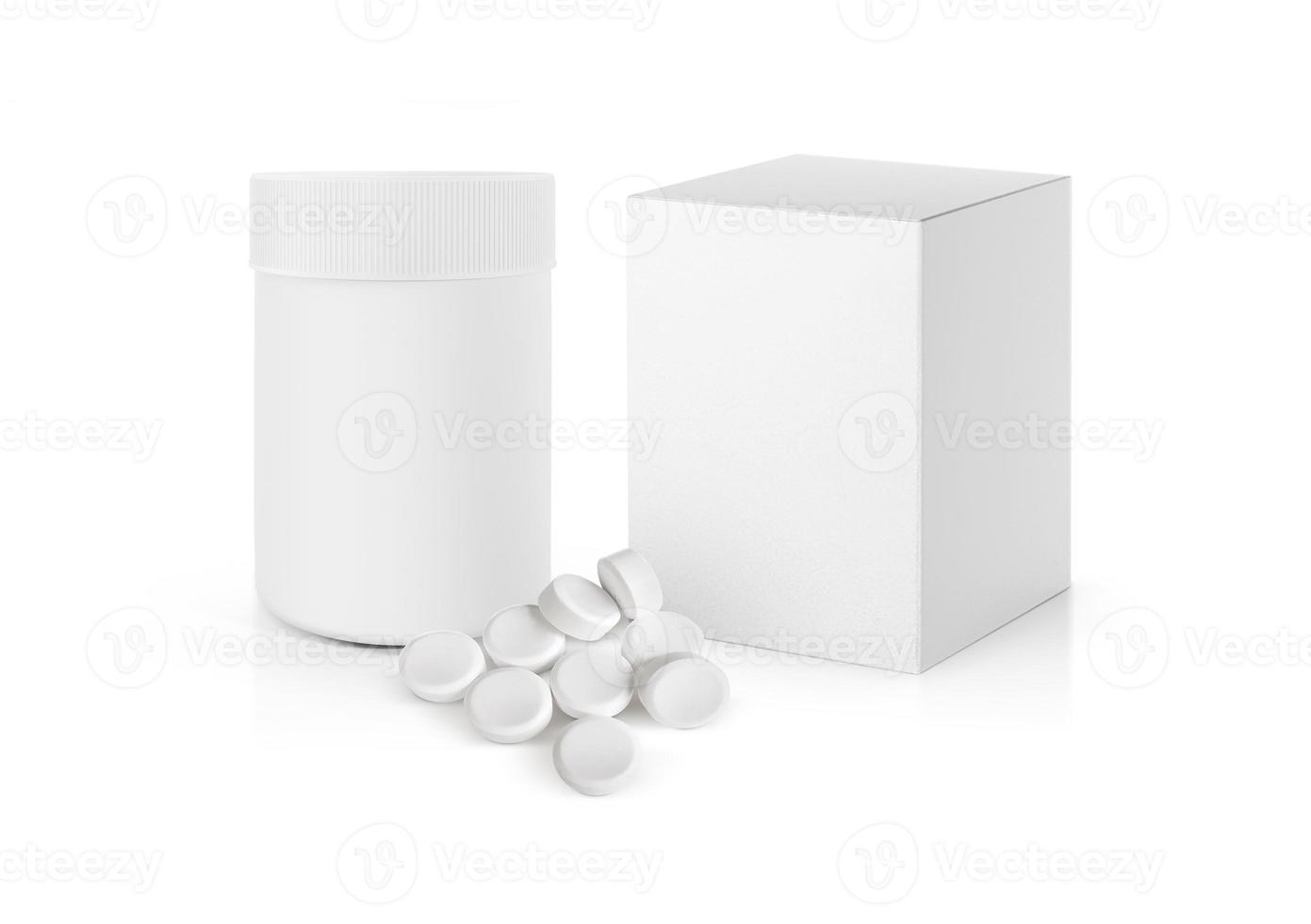 Pill bottle and package ready. white pills isolated on white background photo