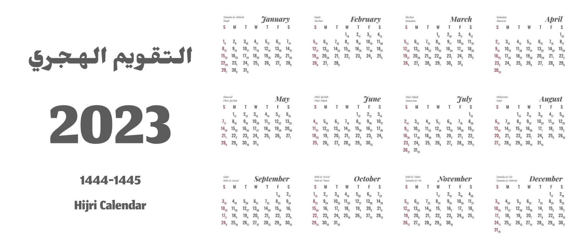 Calendar 2023. Hijri calendar for the year 14441445. Translation Hijri