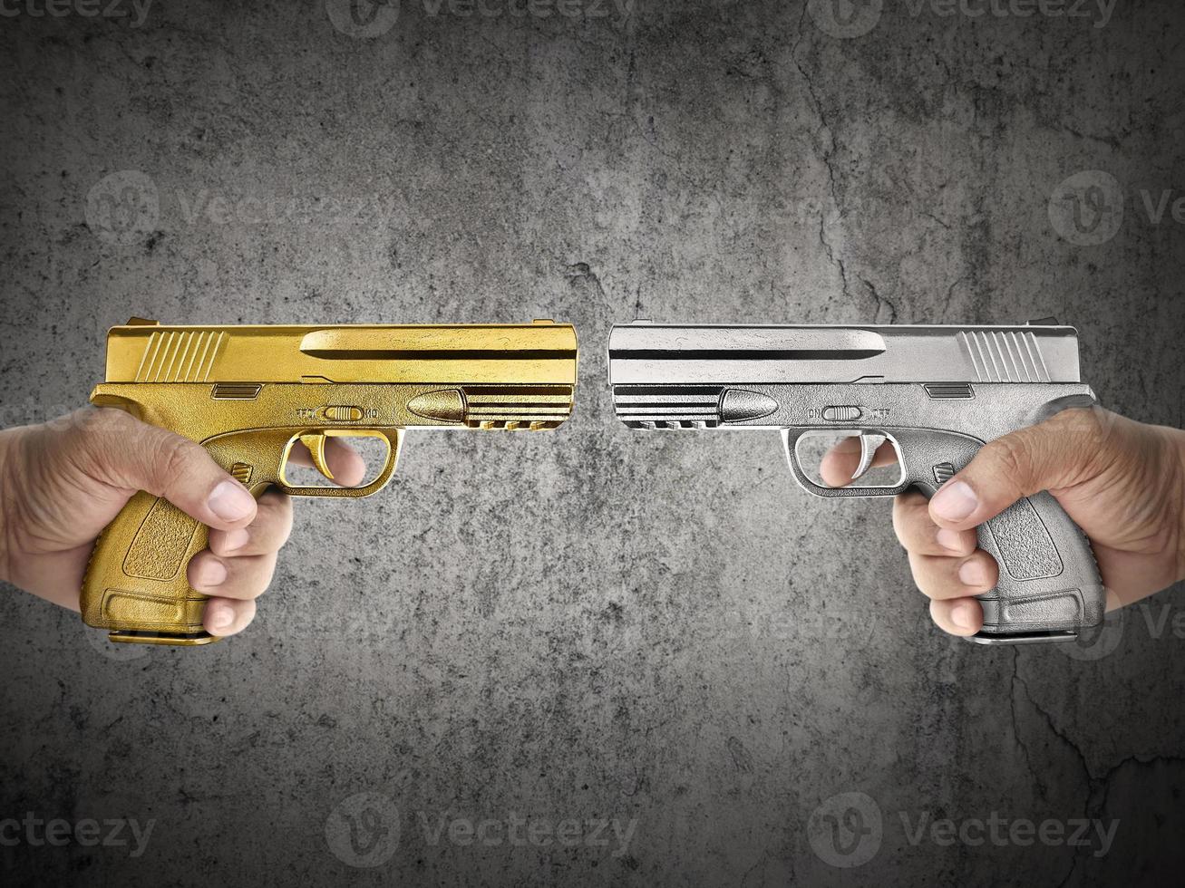 Killer with gun close up over grunge background with copyspace photo