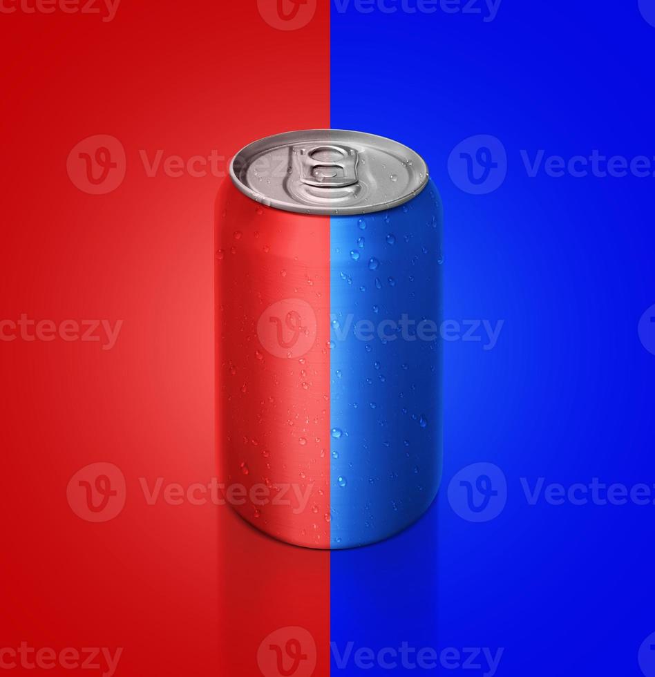 Aluminum red and blue soda can on red and blue background For design photo