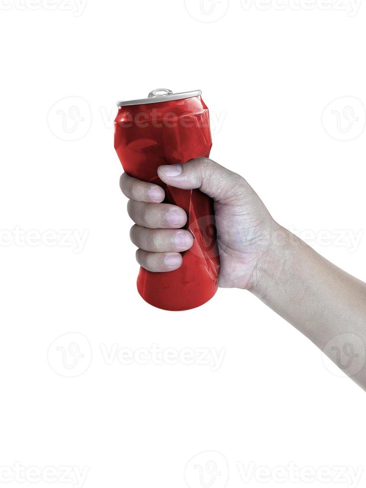 Compressed cans in hand isolated on white background photo