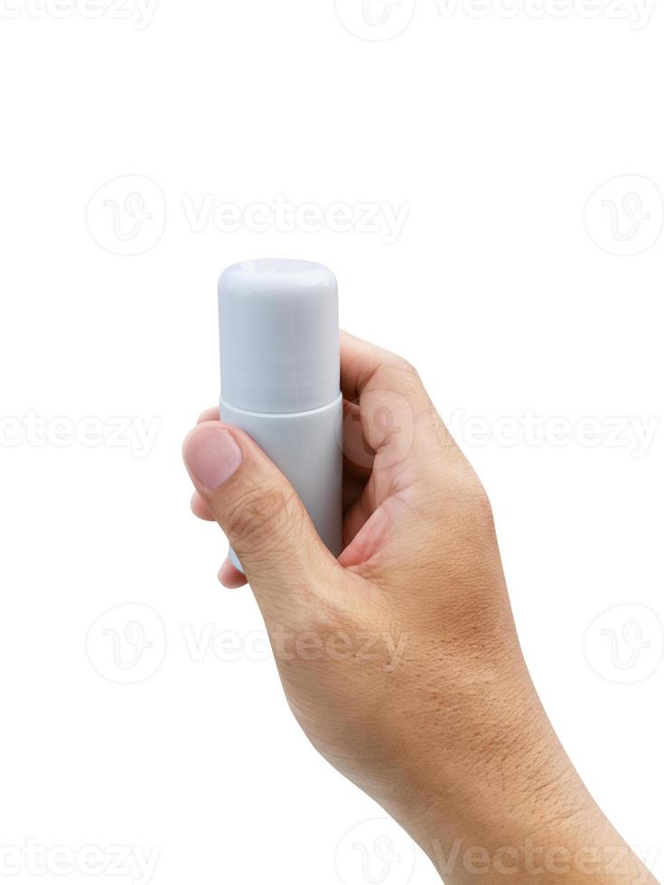 Male hands holding roll-on deodorant for armpits on a white background photo