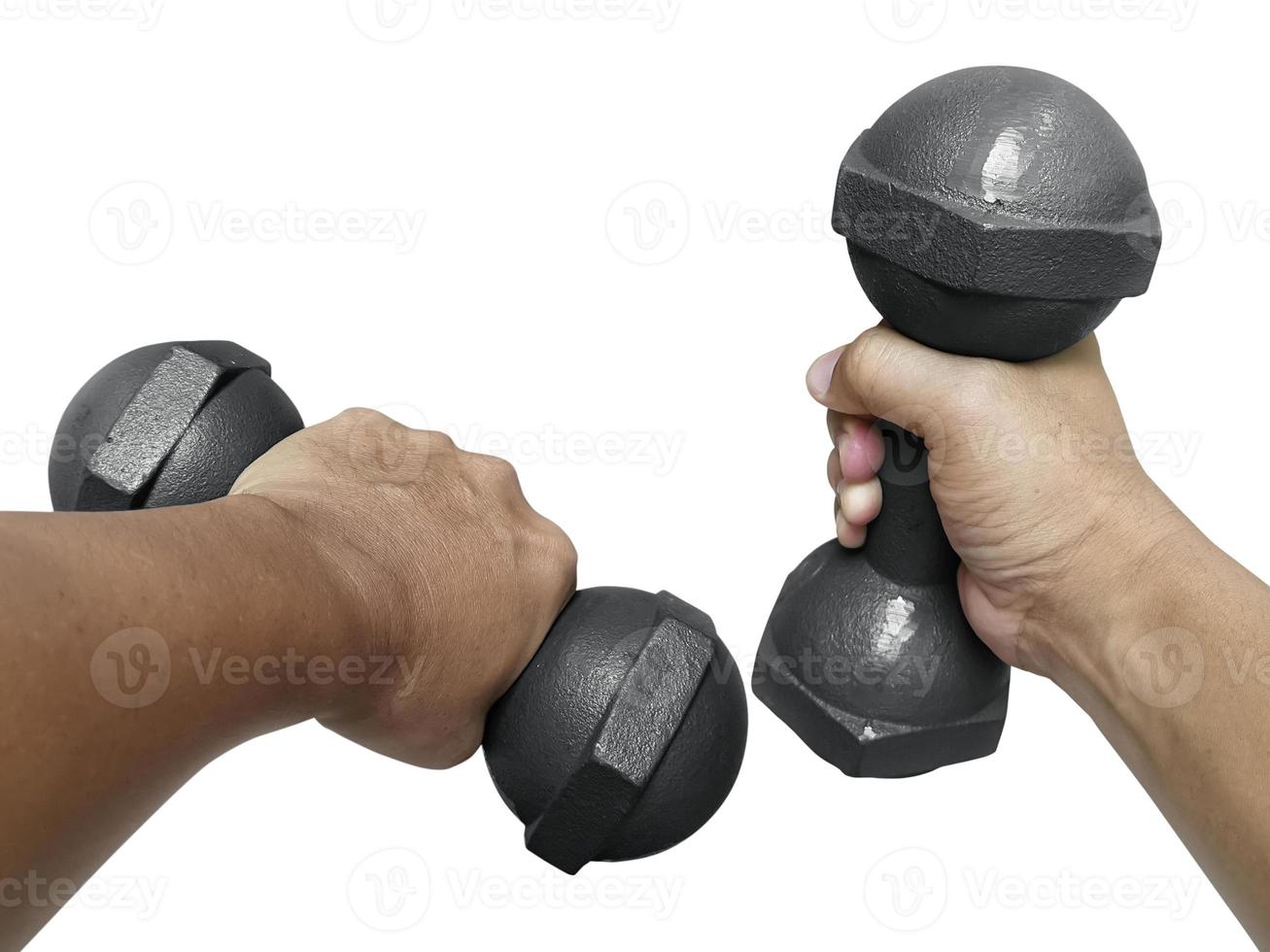 Hand holding dumbbell isolated on white photo