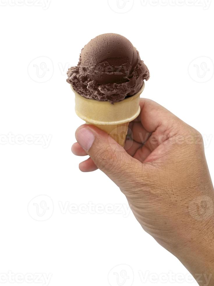 A man hand holding an ice cream cone on a white background photo