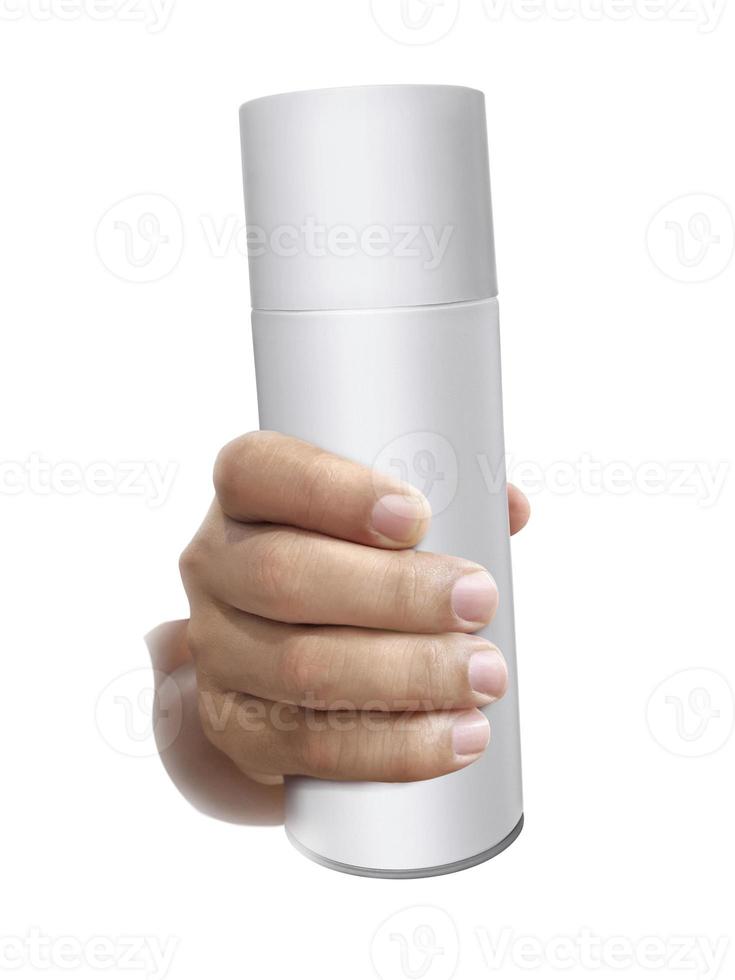 White spray bottle on hand isolated on a white background photo