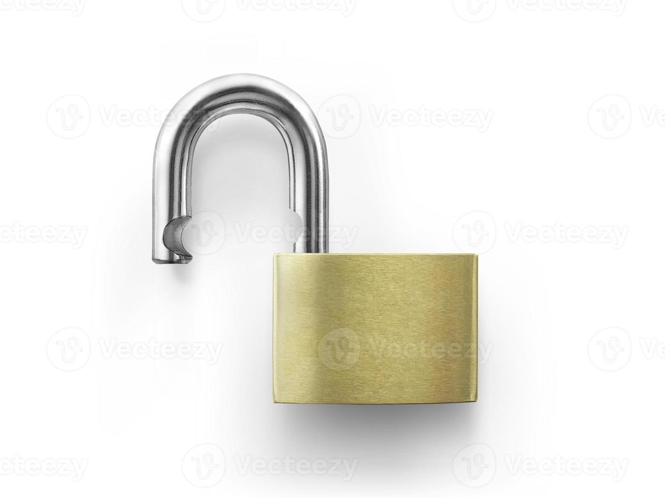 An unlocked lock on white photo
