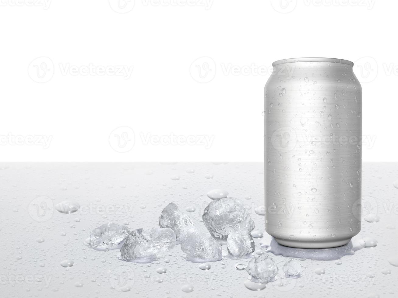 Tin cans and ice cubes on white background photo