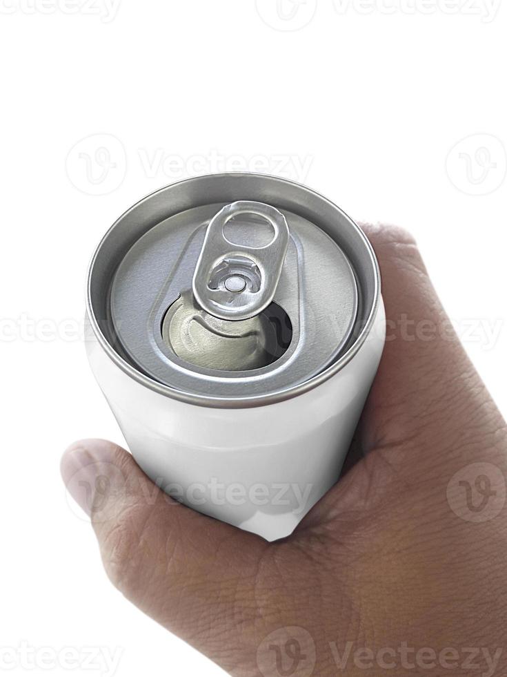 Cans aluminum of on hand isolated on a white background photo