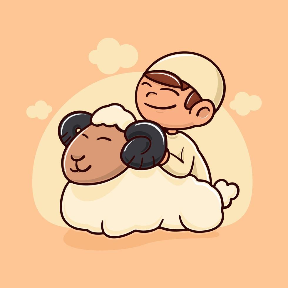 Illustration of muslim kid carrying a sheep to be sacrificed vector