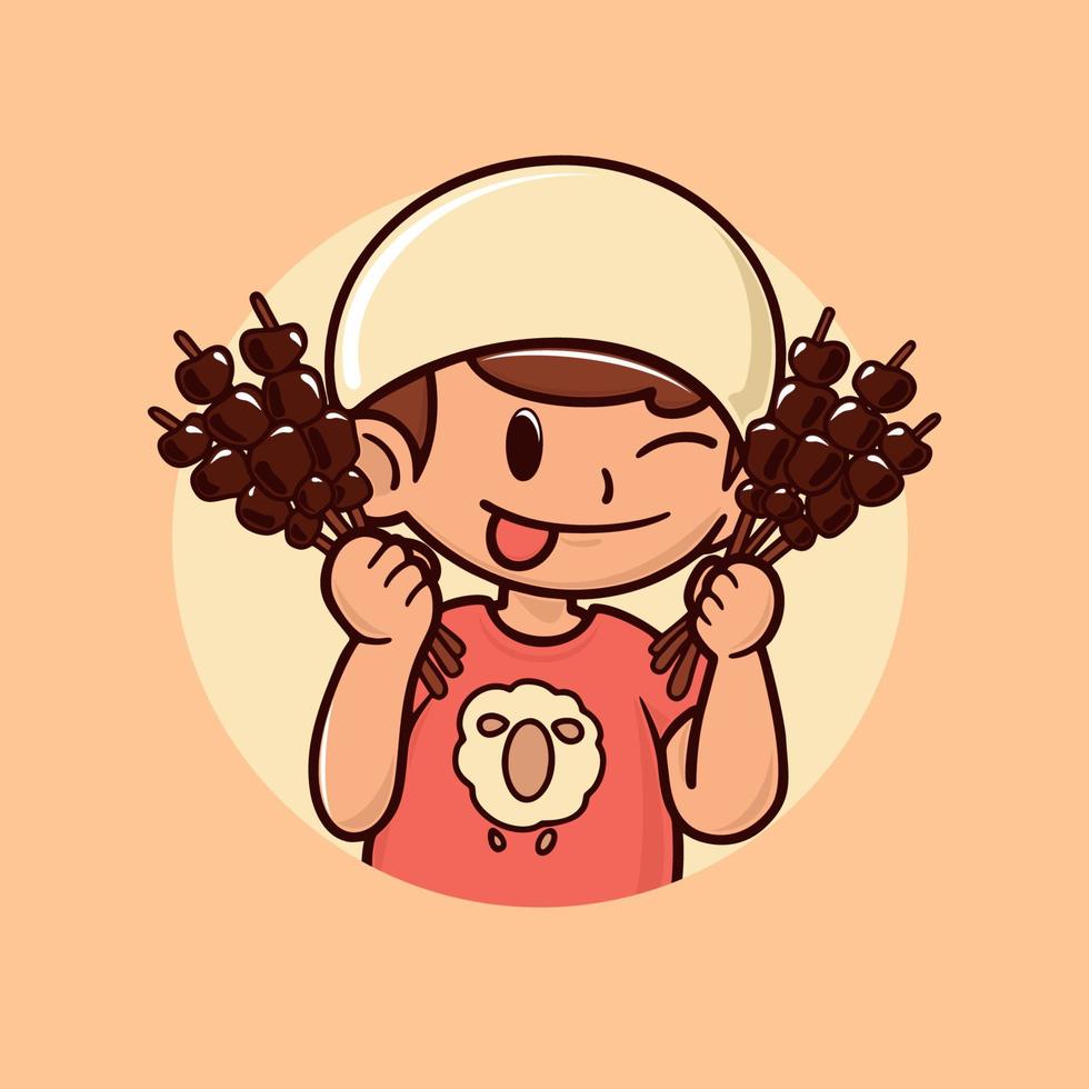 ilustración de lindo niño musulmán sosteniendo satay vector