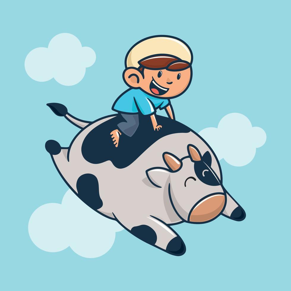 Illustration of cute muslim kid riding a cute flying cow vector