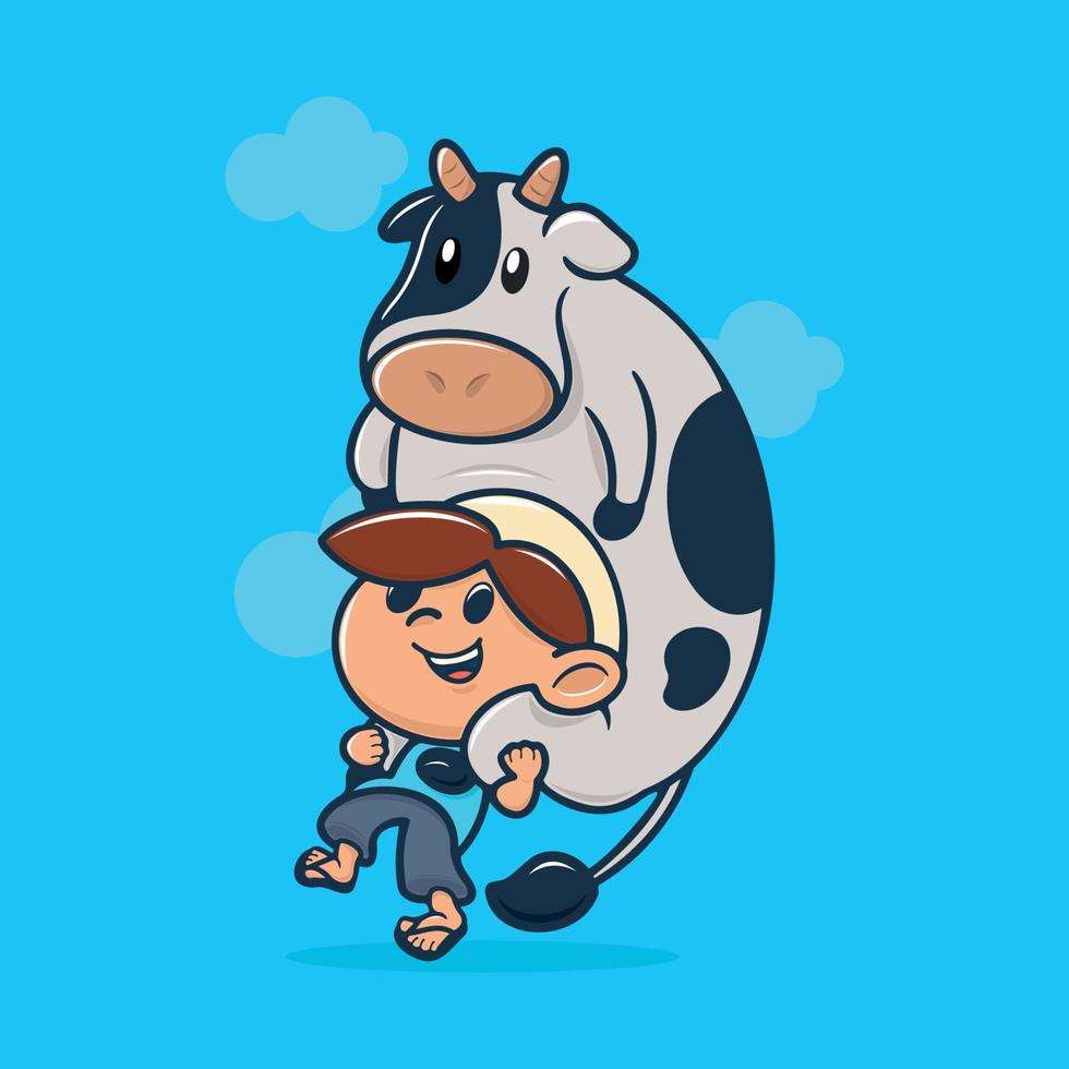 Illustration of cute muslim kid pickaback a cute cow vector