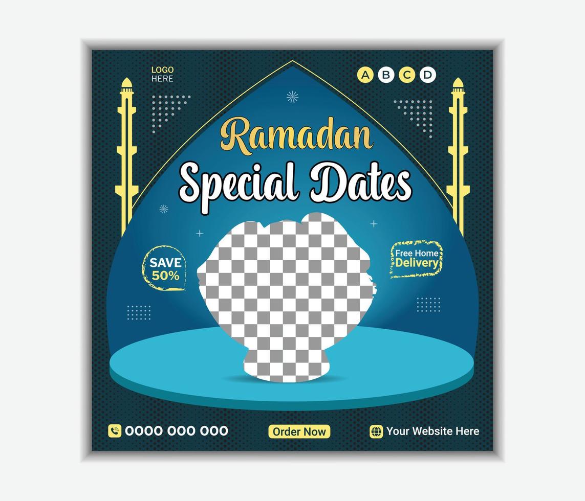 fechas especiales de hoy frutas para iftar ramadan food banners y diseño de plantilla de publicación en redes sociales vector