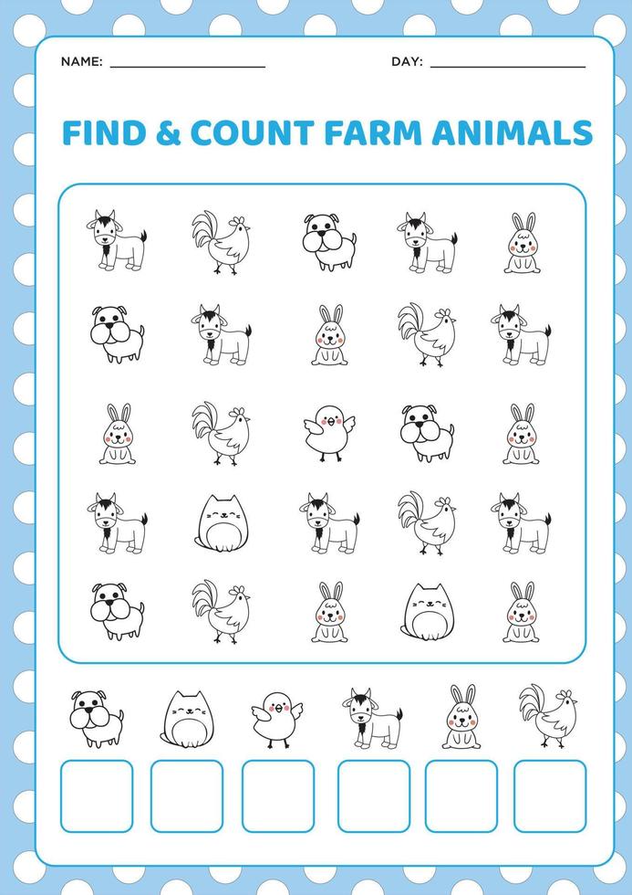 Farm Animals. Counting worksheet vector