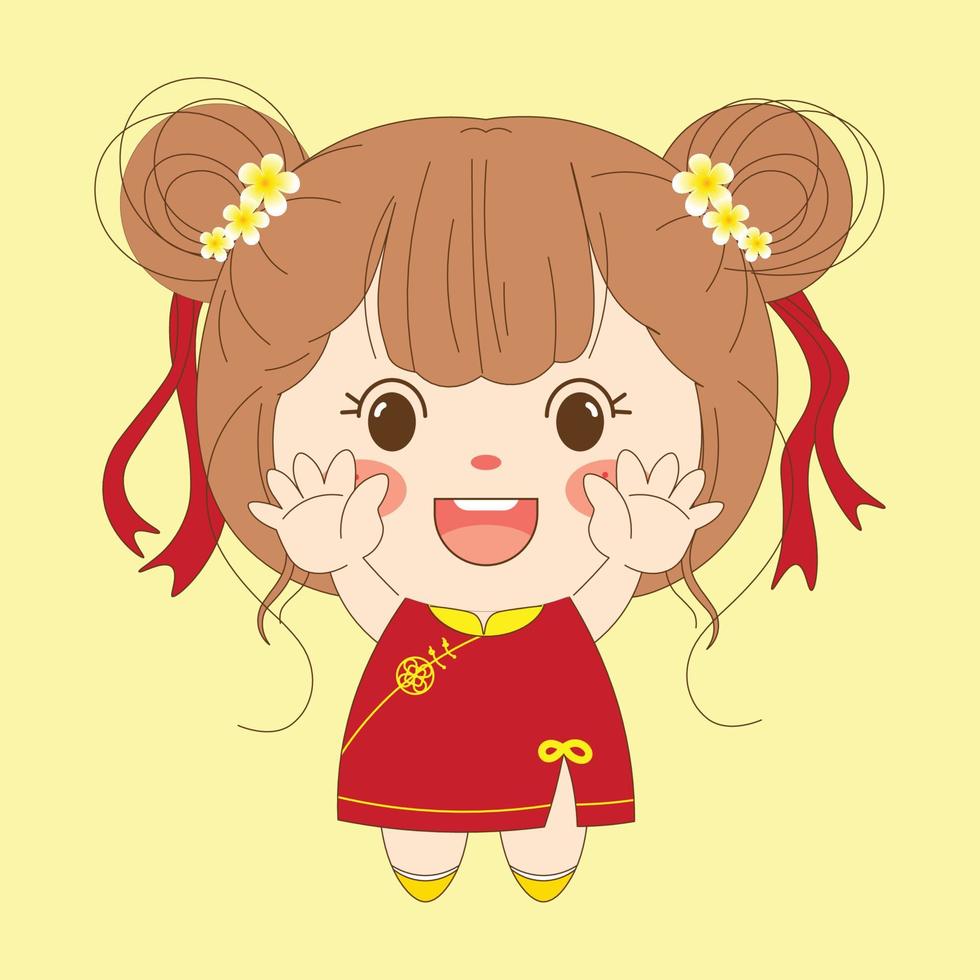 Cute Chinese Girl Wearing Traditional Clothes Qipao Cartoon vector