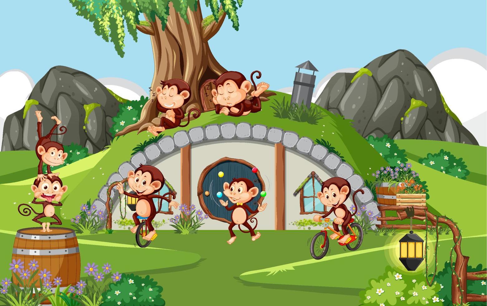 familia de monos felices en el bosque vector