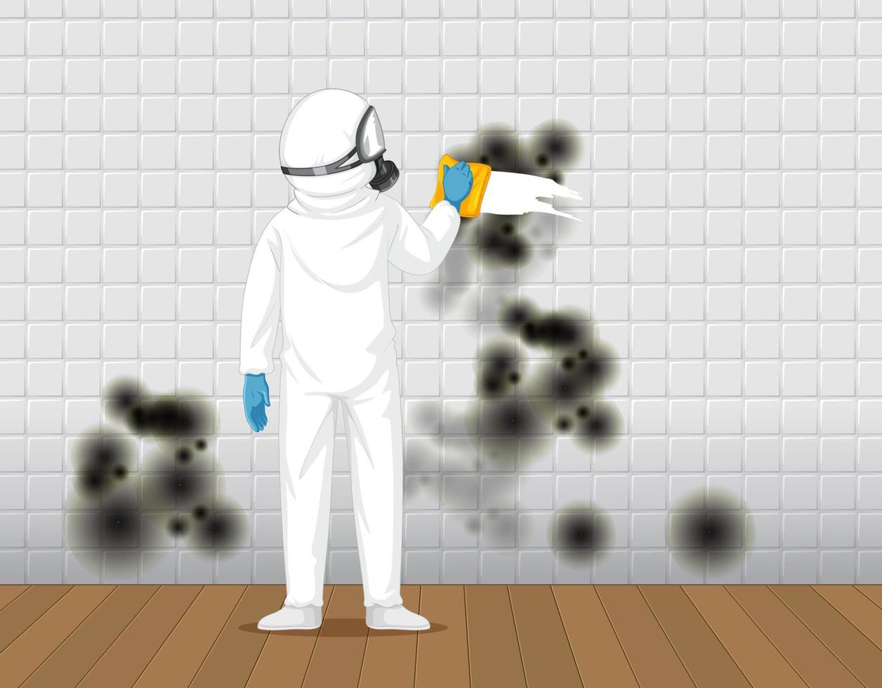 Man in protective hazmat suit cleaning mold on the wall vector