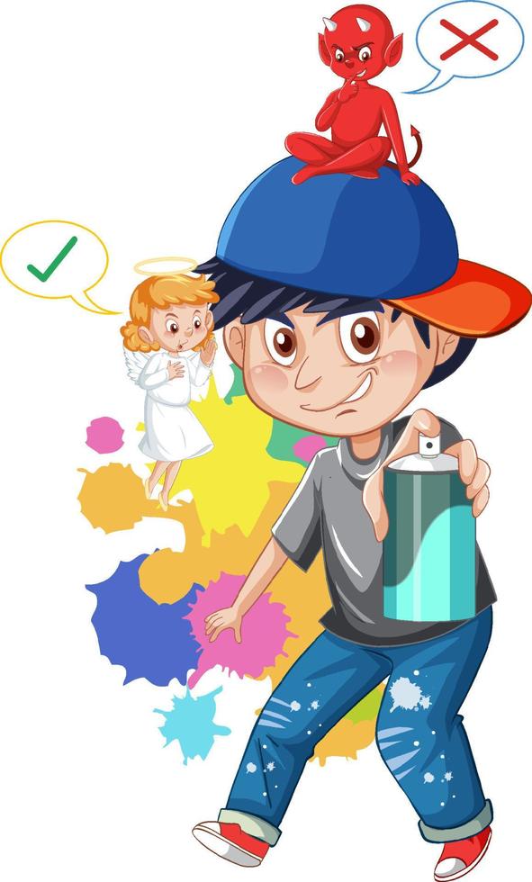 Cartoon character with devil and angel fighting in thought vector