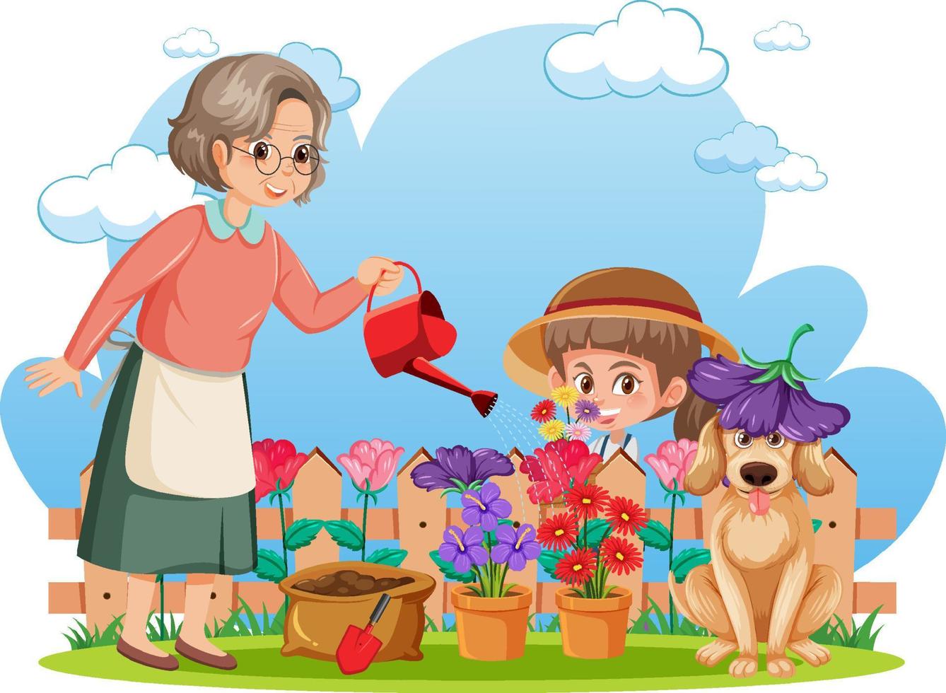 una niña y abuela jardinería vector