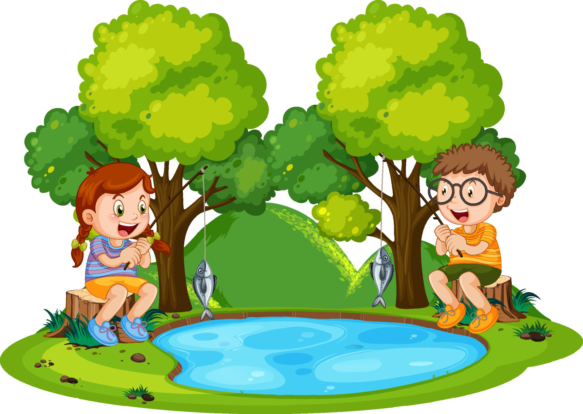 Happy children fishing in pond 8618301 Vector Art at Vecteezy