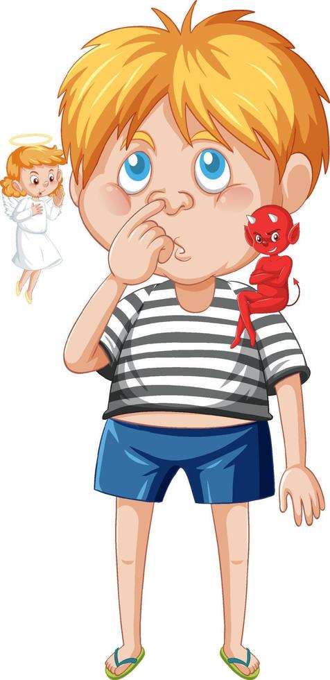 Cartoon character with devil and angel fighting in thought vector