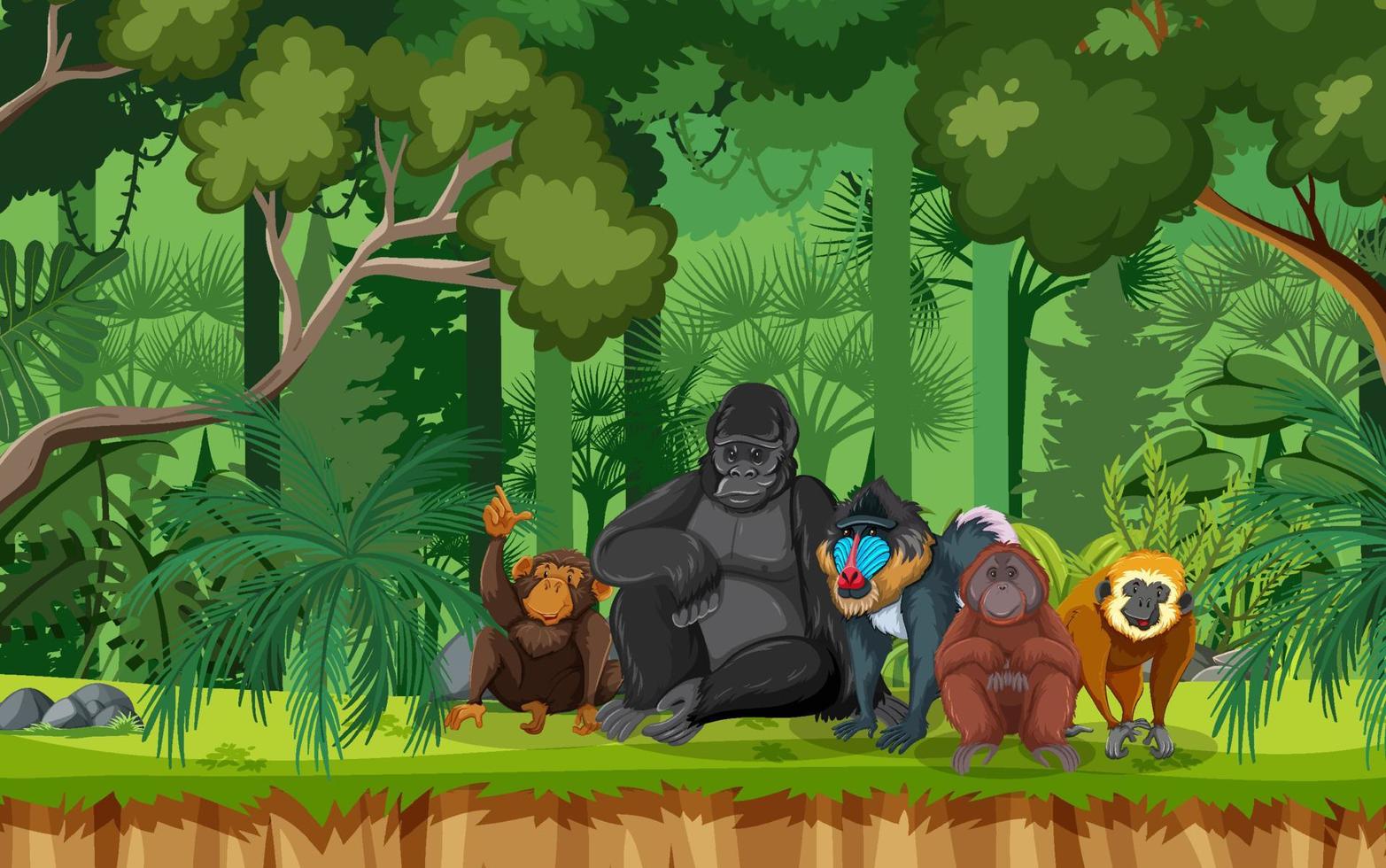 Group of wild animals in nature forest scene vector