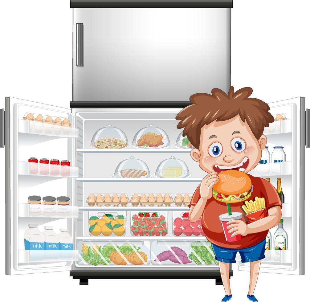 Hungry boy enjoy eating in front of refrigerator vector