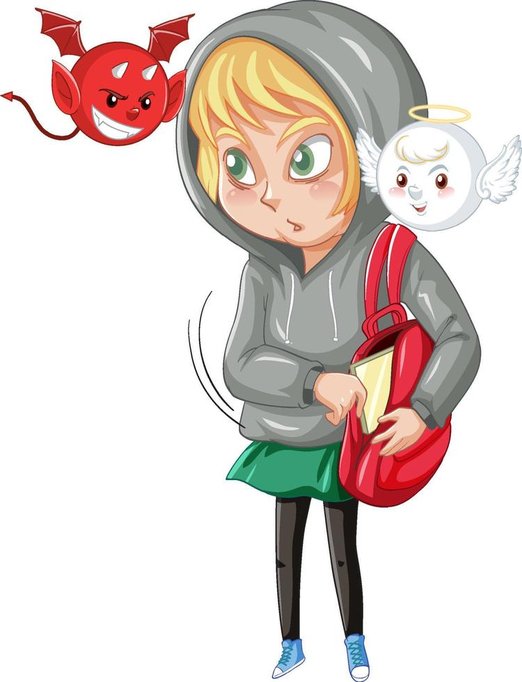 Cartoon character with devil and angel fighting in thought vector